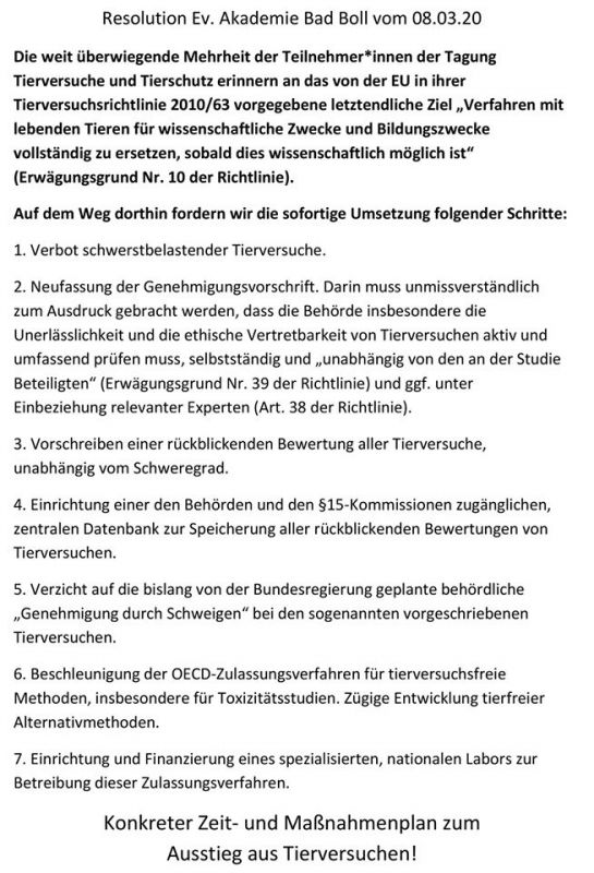 Resolution Bad Boll - Ausstieg aus allen Tierversuche 